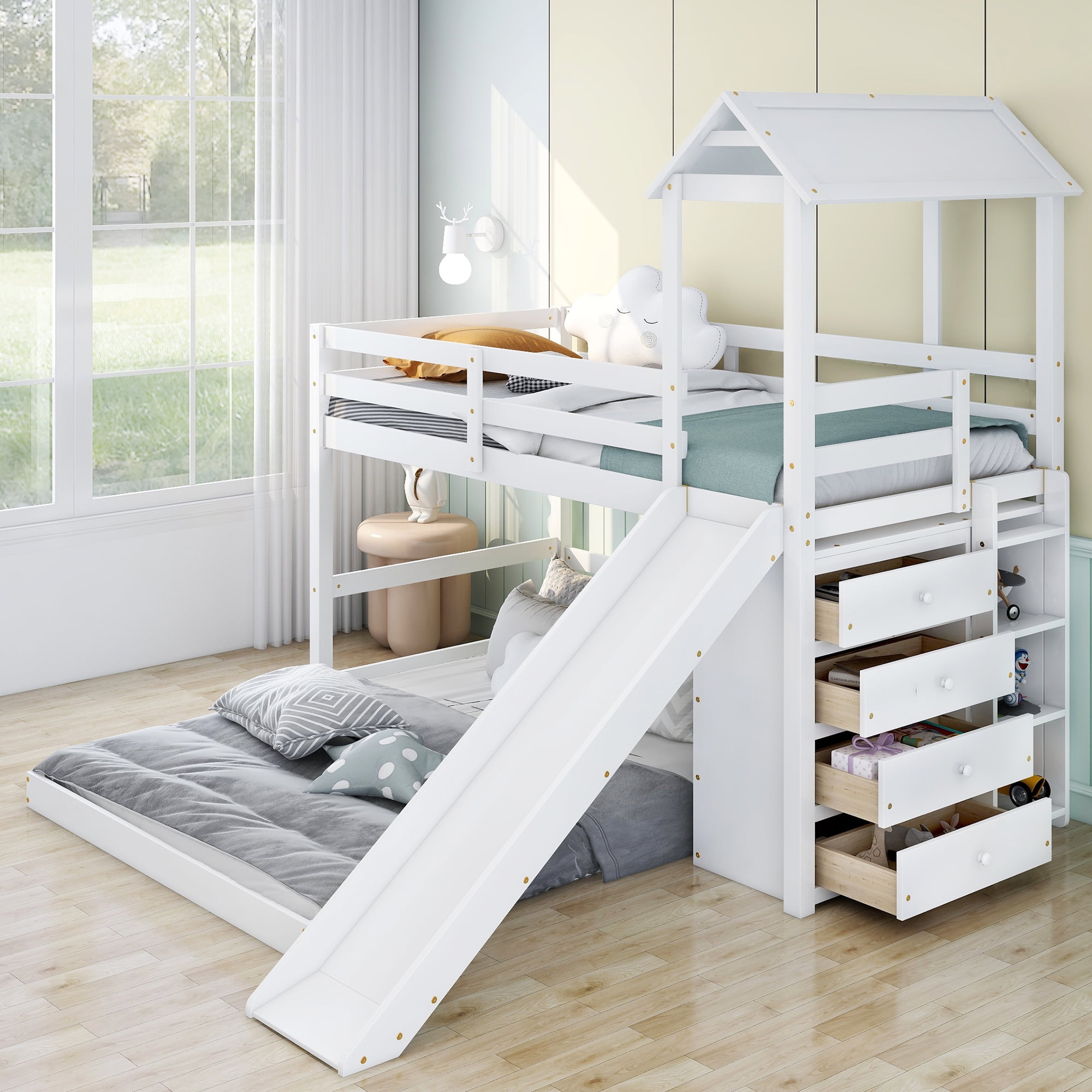 Euroco Twin over Full House Bunk Bed with Slide and Functional
