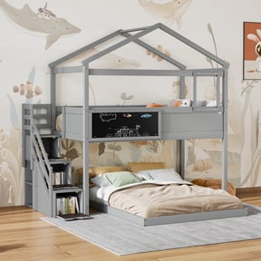 Euroco Twin over Full House Bunk Bed with Storage Staircase and Writting Blackboard for Kids Teens Bedroom, Moverable Lower Bed, Gray