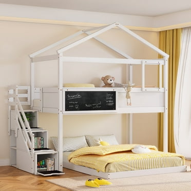 Euroco Twin over Full House Bunk Bed with Storage Staircase and Writting Blackboard for Kids Bedroom, Moverable Lower Bed, White