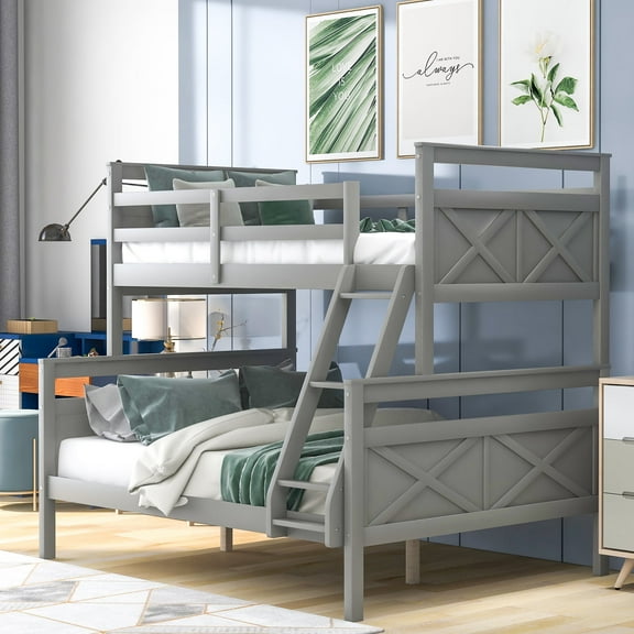 Euroco Twin over Full Wood Bunk Bed with Ladder for Kid's Room, Solid Bunk Bed for Kids Teens Adults, Gray