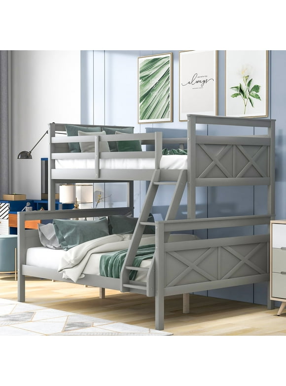 Euroco Twin over Full Wood Bunk Bed with Ladder for Kid's Room, Solid Bunk Bed for Kids Teens Adults, Gray