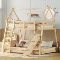 Euroco Twin over Queen Bunk Bed with Climbing Nets and Ramp for Kids Bedroom, Natural