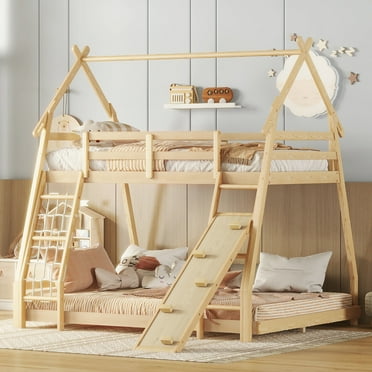 Euroco Twin over Queen Bunk Bed with Climbing Nets and Ramp for Kids Bedroom, Natural