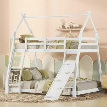 Euroco Twin over Queen Bunk Bed with Climbing Nets and Ramp for Kids Bedroom, White
