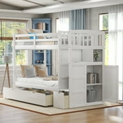 Euroco Twin over Twin Bunk Bed with Drawer and Cabinet for Kids Teens Bedroom, White