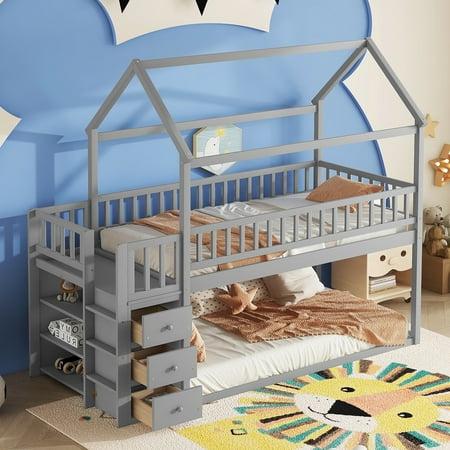 Euroco Twin over Twin Bunk Bed with Drawer and Shelf, House Bed with Bookcase for Kids Teens Room, Gray