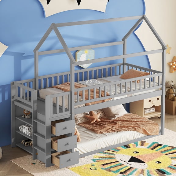 Euroco Twin over Twin Bunk Bed with Drawer and Shelf, House Bed with Bookcase for Kids Teens Room, Gray