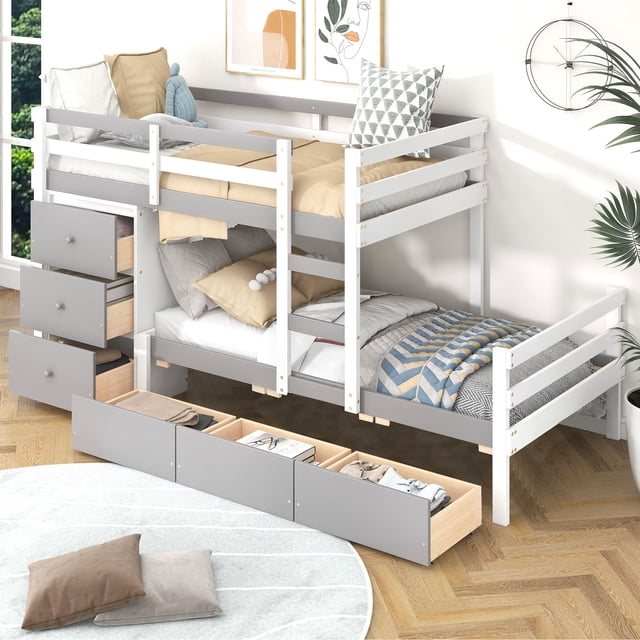 Euroco Twin over Twin Bunk Bed with Six Drawers for Kids Teens Room ...