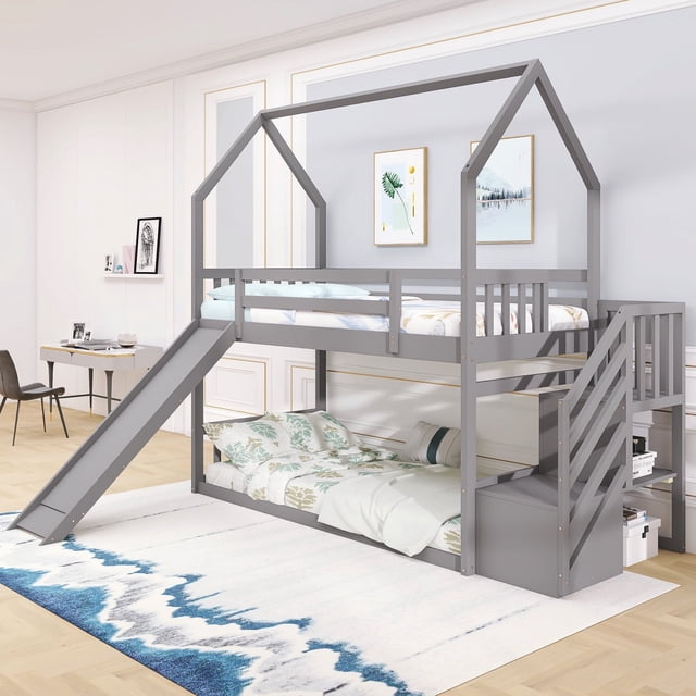 Euroco Twin over Twin Bunk Bed with Slide for Bedroom, Wood House Bed ...