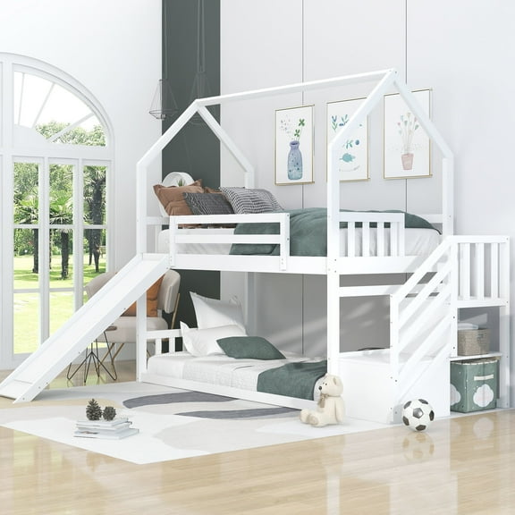 Euroco Twin over Twin Bunk Bed with Slide for Bedroom, Wood House Bed with Storage Staircase, White