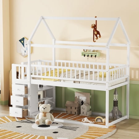 Euroco Twin over Twin Bunk Bed with Storage Shelf and Drawers, White