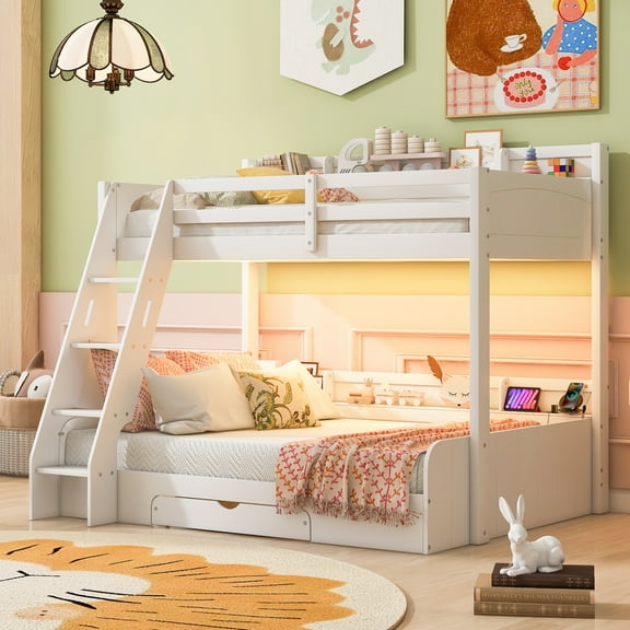 Euroco Twin over Full Bunk Bed with Shelves and Drawer for Kids Teens, LED Light and USB Charging Station, White
