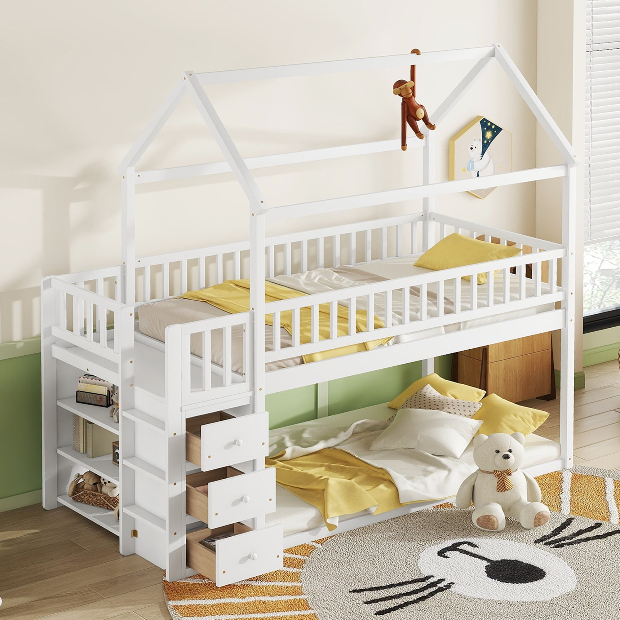 Euroco Twin over Twin Bunk Bed with Wardrobe, Drawer and Shelf, Trundle Bed for Kids Teens Room, White