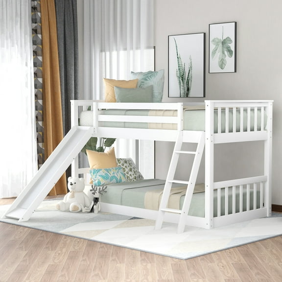 Euroco Twin over Twin Floor Bunk Bed, Solid Wood with Ladder and Slide for Kids Teens Adults, White
