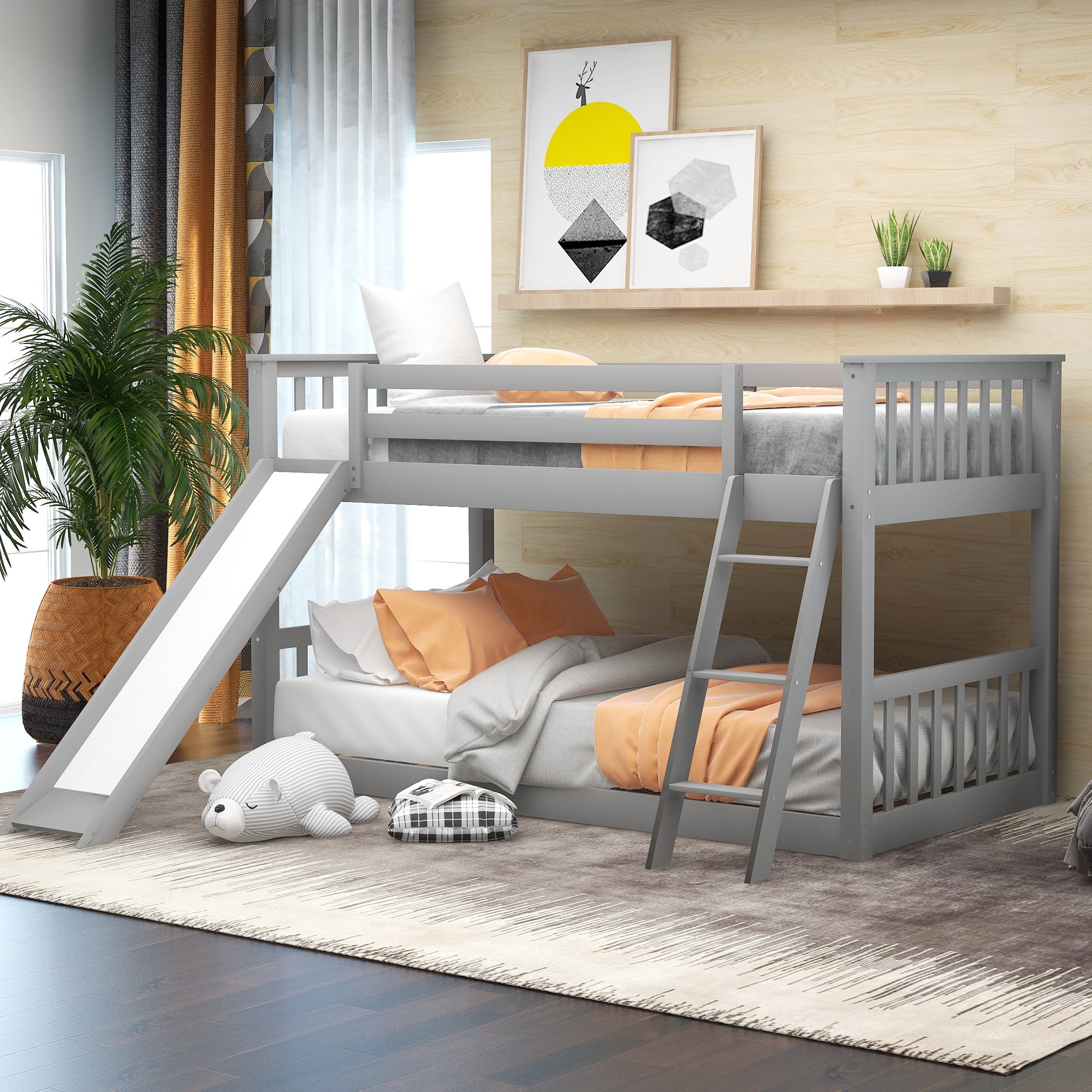 Euroco Twin Over Twin Floor Bunk Bed with Slide and Ladder for Kids Room Gray