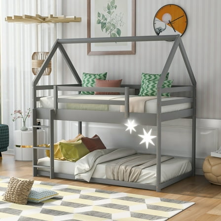 Euroco Twin over Twin House Bed, Low Bunk Bed for Kid Teens Room, Gray