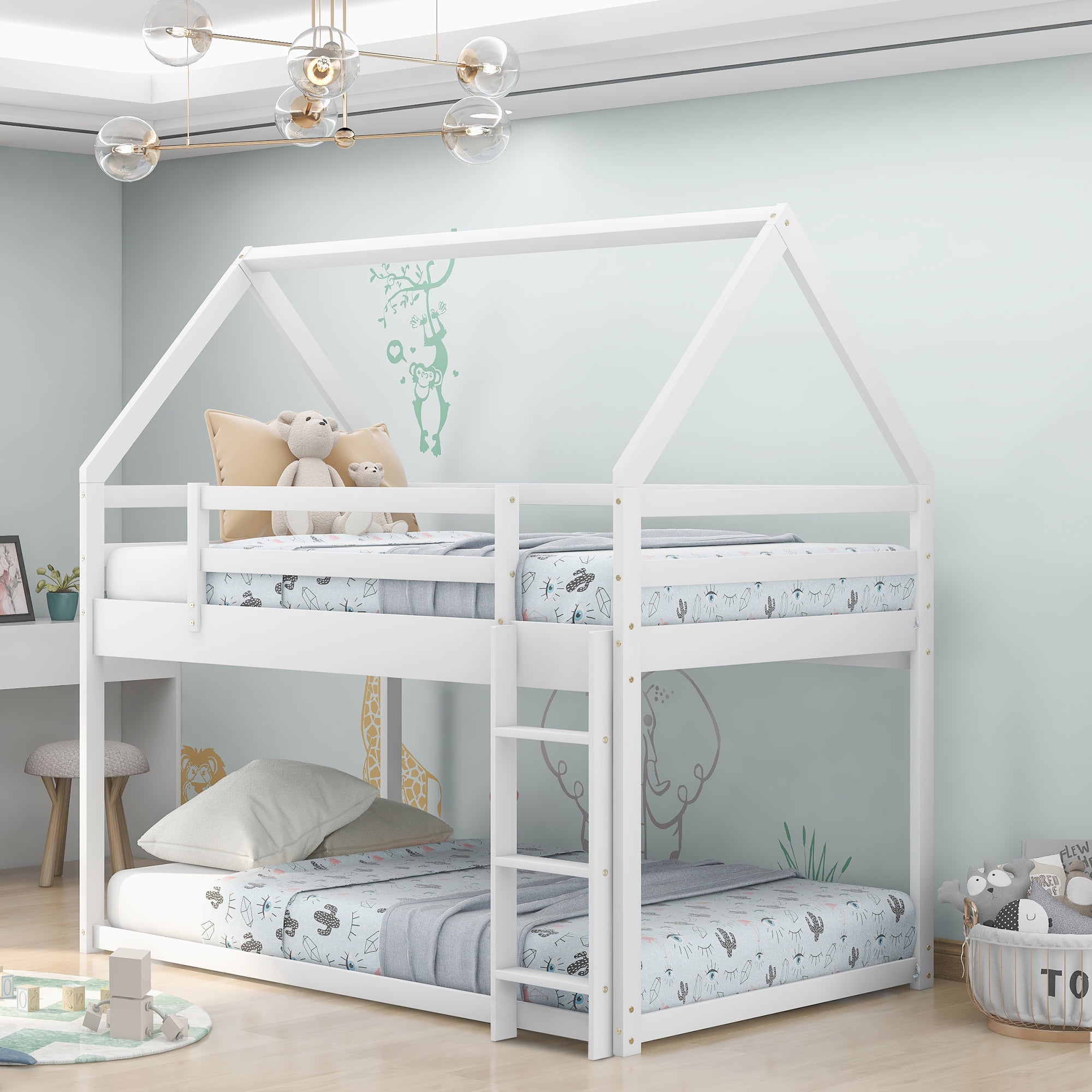 Euroco Twin over Twin House Bed Low Bunk Bed for Kid s Room White
