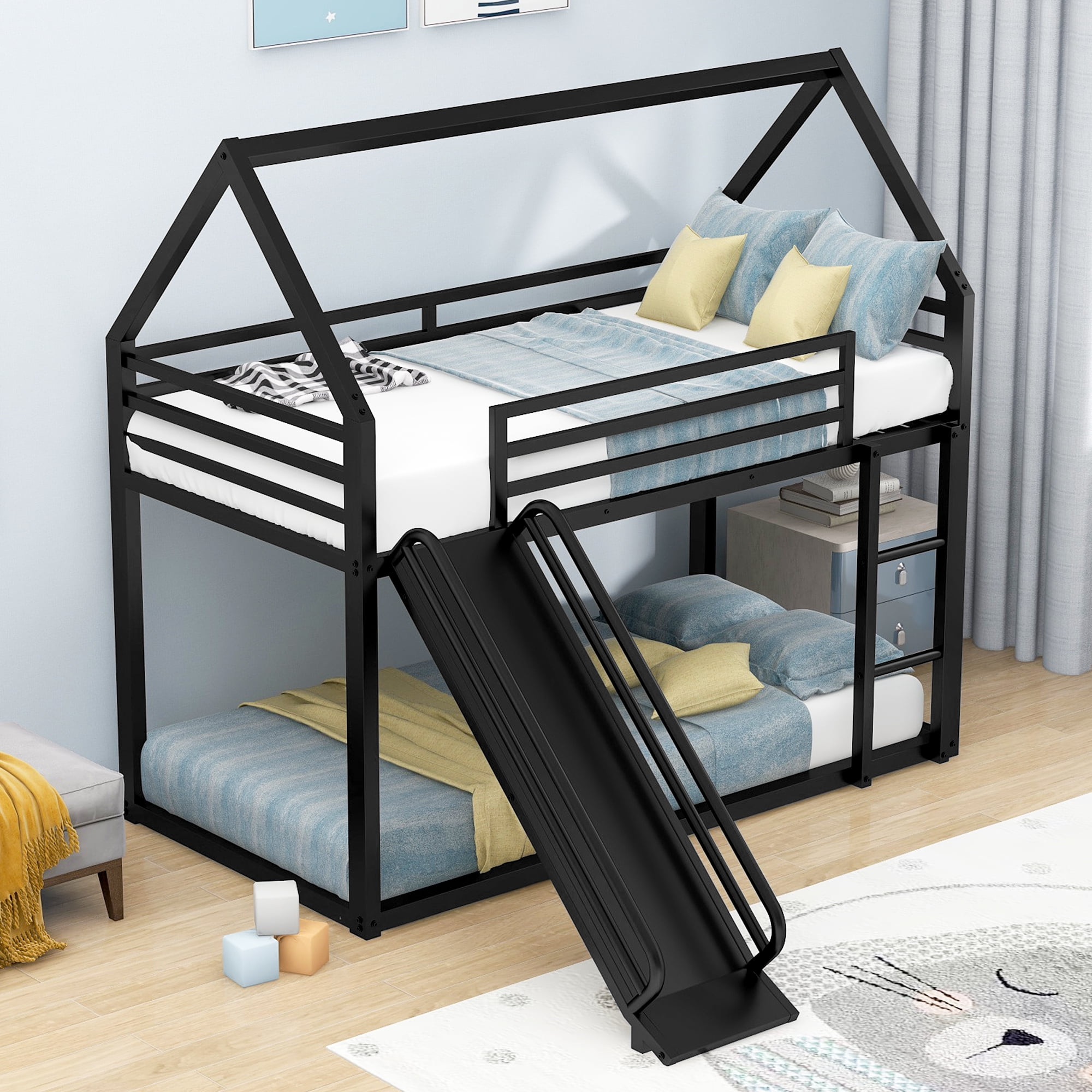 Euroco Twin over Twin House Bunk Bed with Ladder and Slide for Kids Teens Bedroom, Black