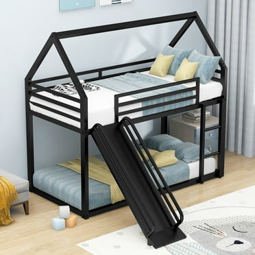 Euroco Twin over Twin House Bunk Bed with Ladder and Slide for Bedroom, Black