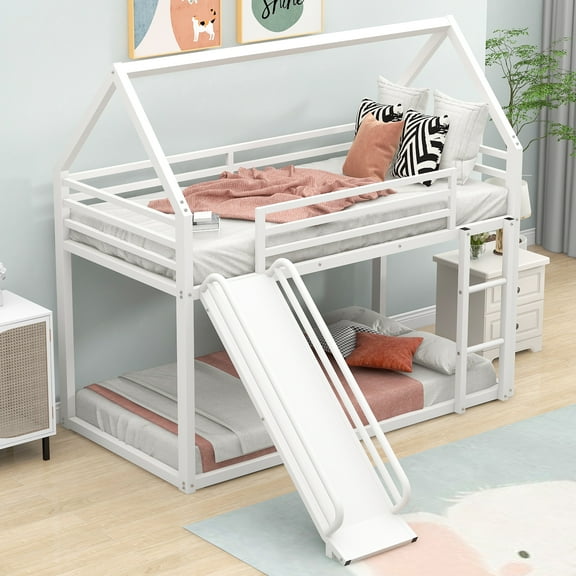 Euroco Twin over Twin House Bunk Bed with Ladder and Slide for Kids Teens Bedroom, White