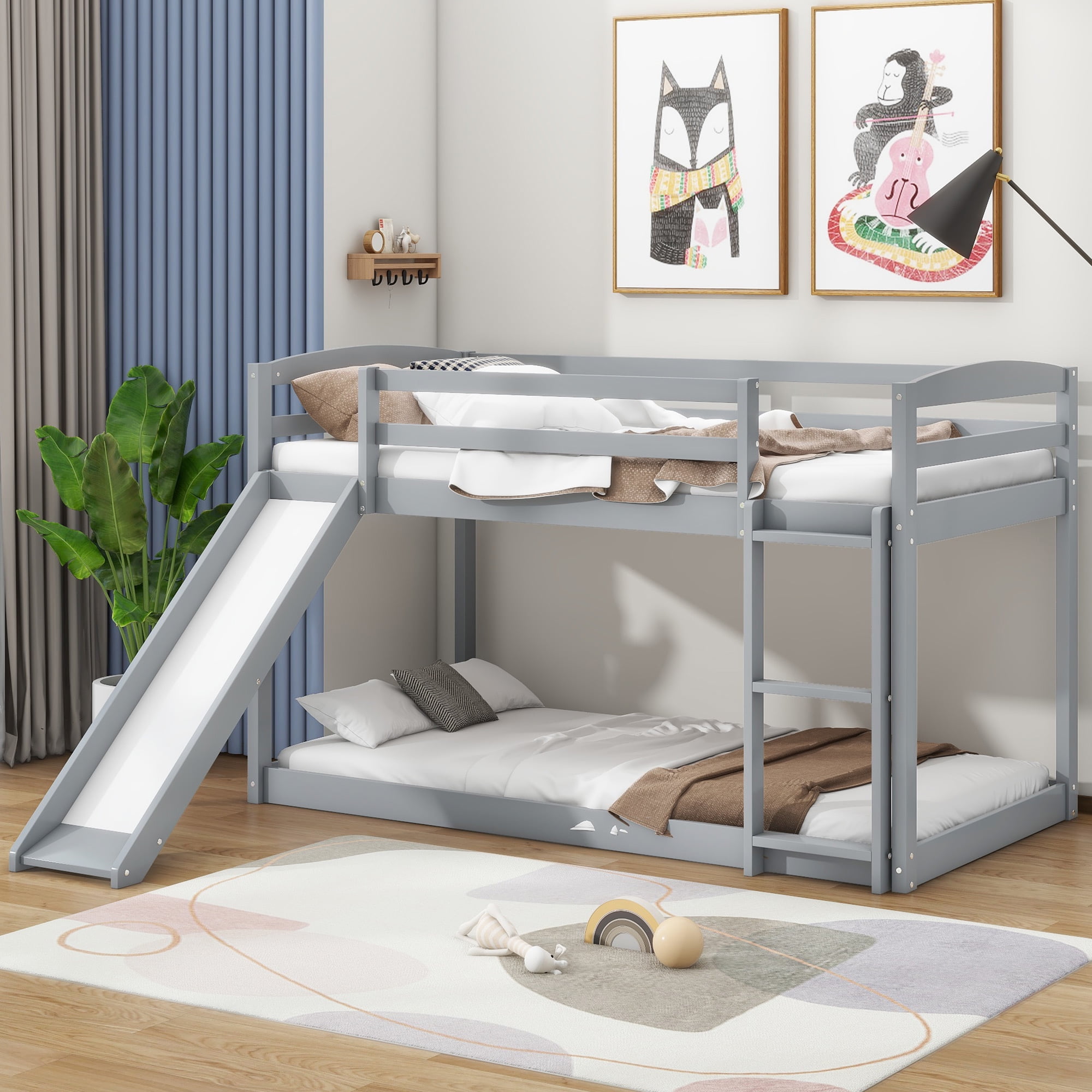 Euroco Twin over Twin Low Bunk Bed with Slide and Ladder for Kids Room Gray