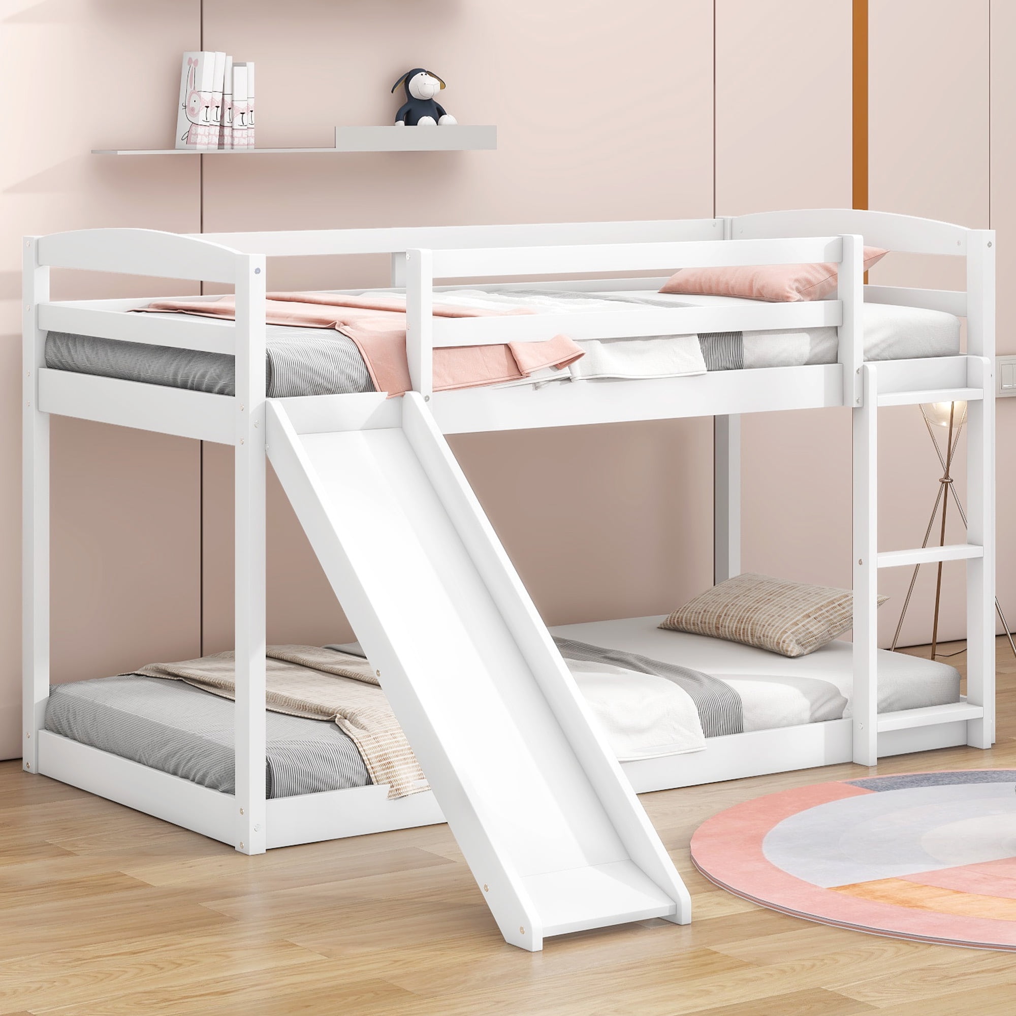 Euroco twin over twin low bunk bed with slide and ladder white deals