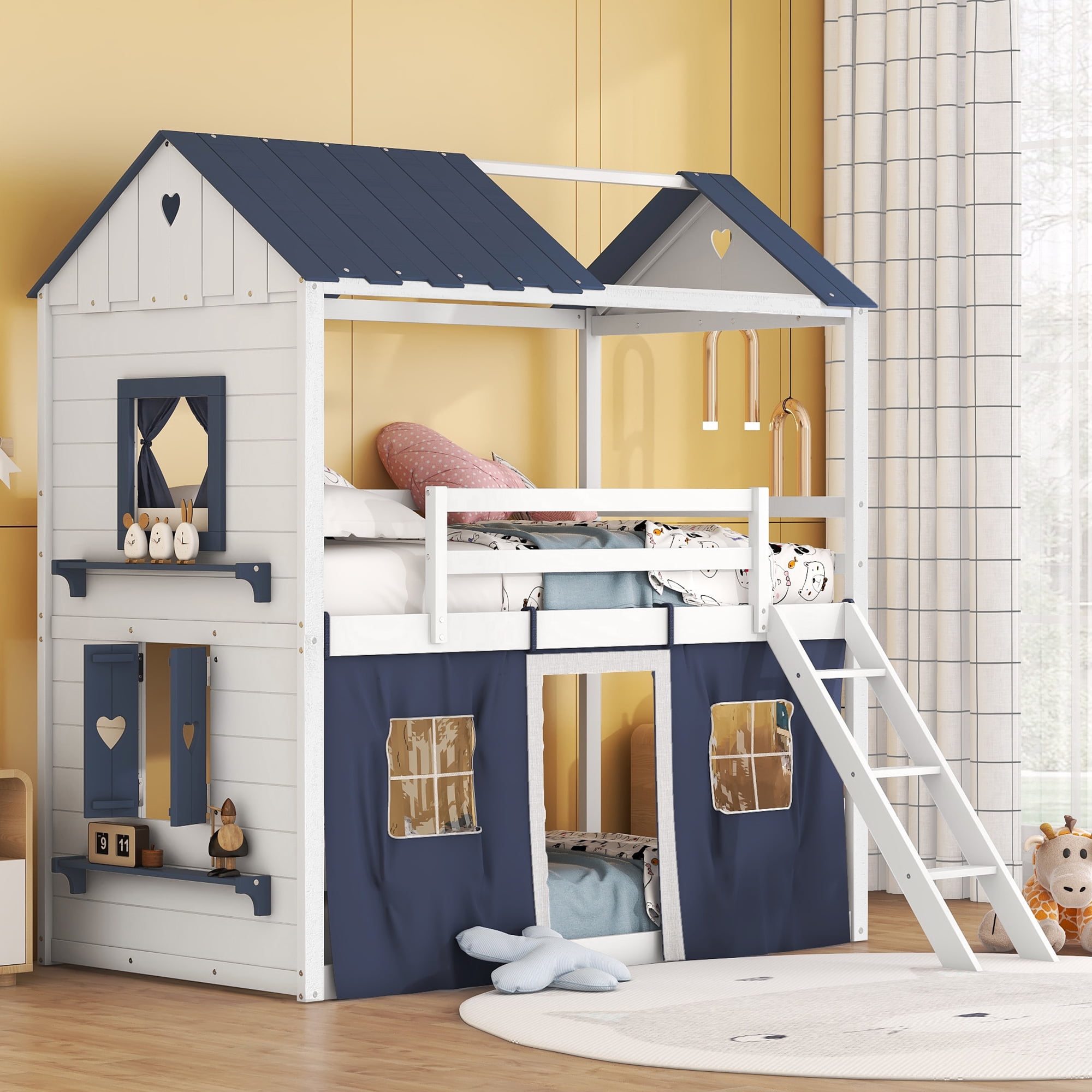 Euroco Twin over Twin Size Bunk Bed, House Bed with Ladder and Tent for Kids Teens, Blue