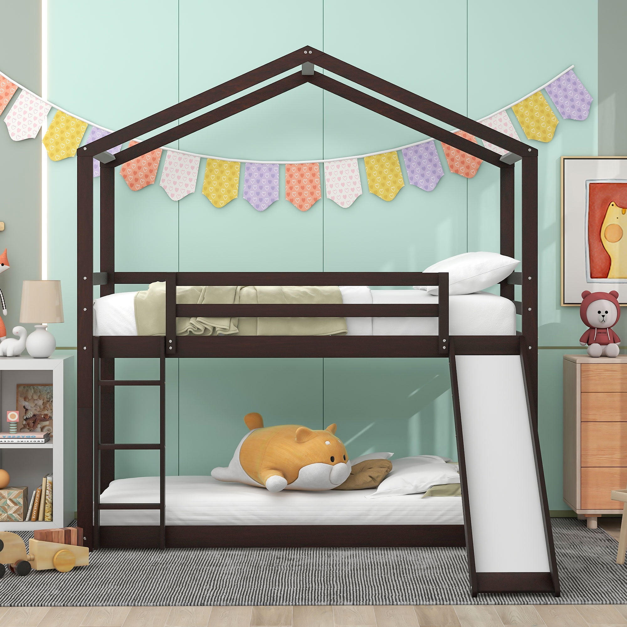 Euroco Twin over Twin House Bunk Bed with Slide, Convertible 2 Beds in One for Kids Bedroom, Espresso