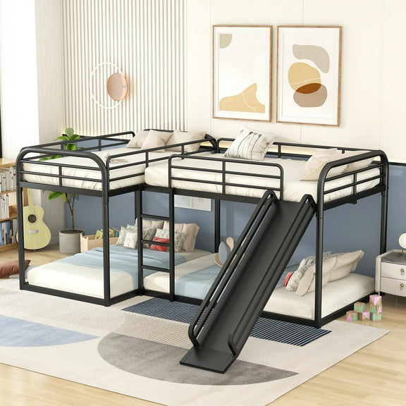 Euroco Twin over Twin and Full over Full Size Bunk Bed, L-Shaped Quadruple Metal Bunk Bed with Slide for Kids Teens, 4-in-1 Beds for Bedroom, Black