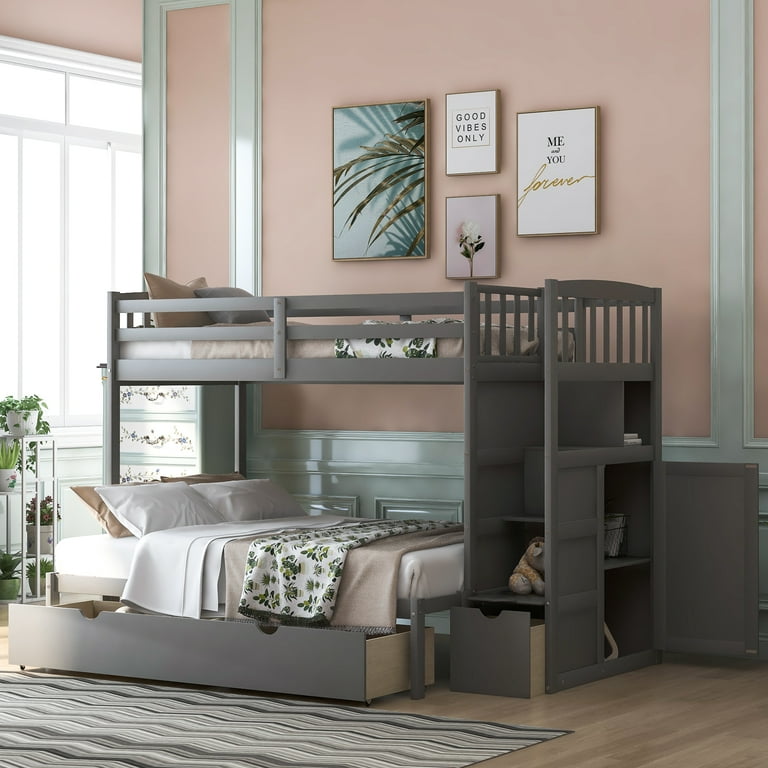 Euroco Twin over Twin or Twin over Full Bunk Bed with Drawers Shelf and Storage Cabinet for Kids Bedroom Covertible Lower Bed into Full Bed Gray