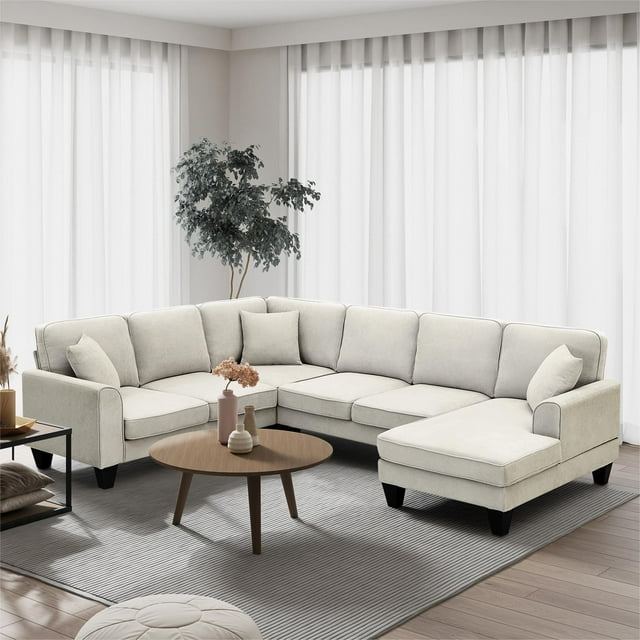 Euroco U Shape Sectional Sofa 7 Seat Modern Living Room Sofa Set with 3 Pillows, 108"x85.5", Beige