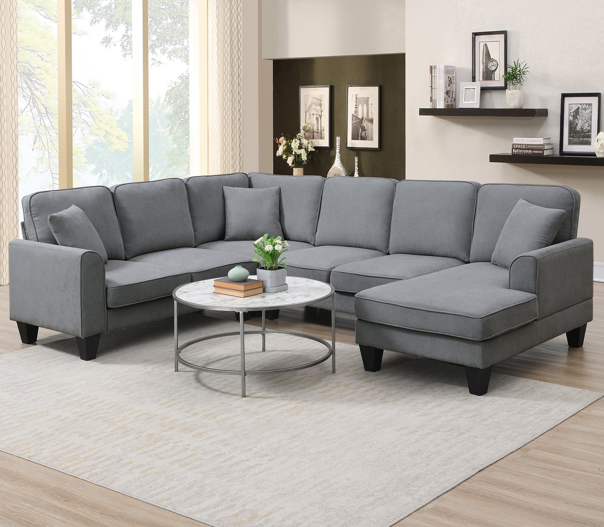 Euroco U Shape Sectional Sofa 7 Seat Modern Living Room Sofa Set with 3 Pillows, 108"x85.5