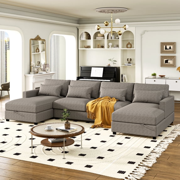 Euroco U-Shape Sectional Sofa with 2 Chaise, Living Room Sofa with Storage Chaise, Lumbar Support Pillows, Gray