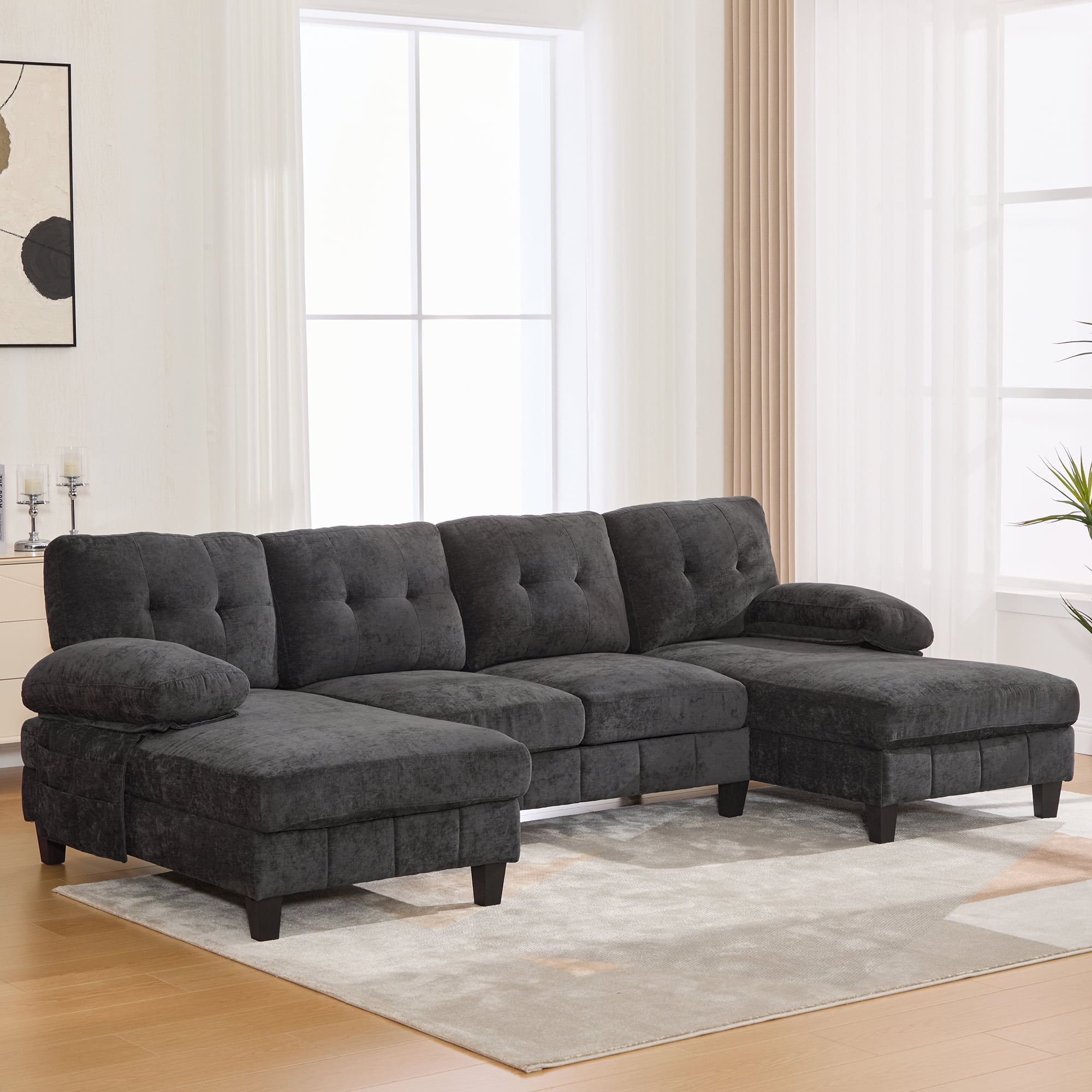 Euroco U-shaped Sectional Sofa 103.5" Chenille Fabric Couch with Dual Chaise Lounges, Storage Pockets and Armrest Pillows for Living Room, Black