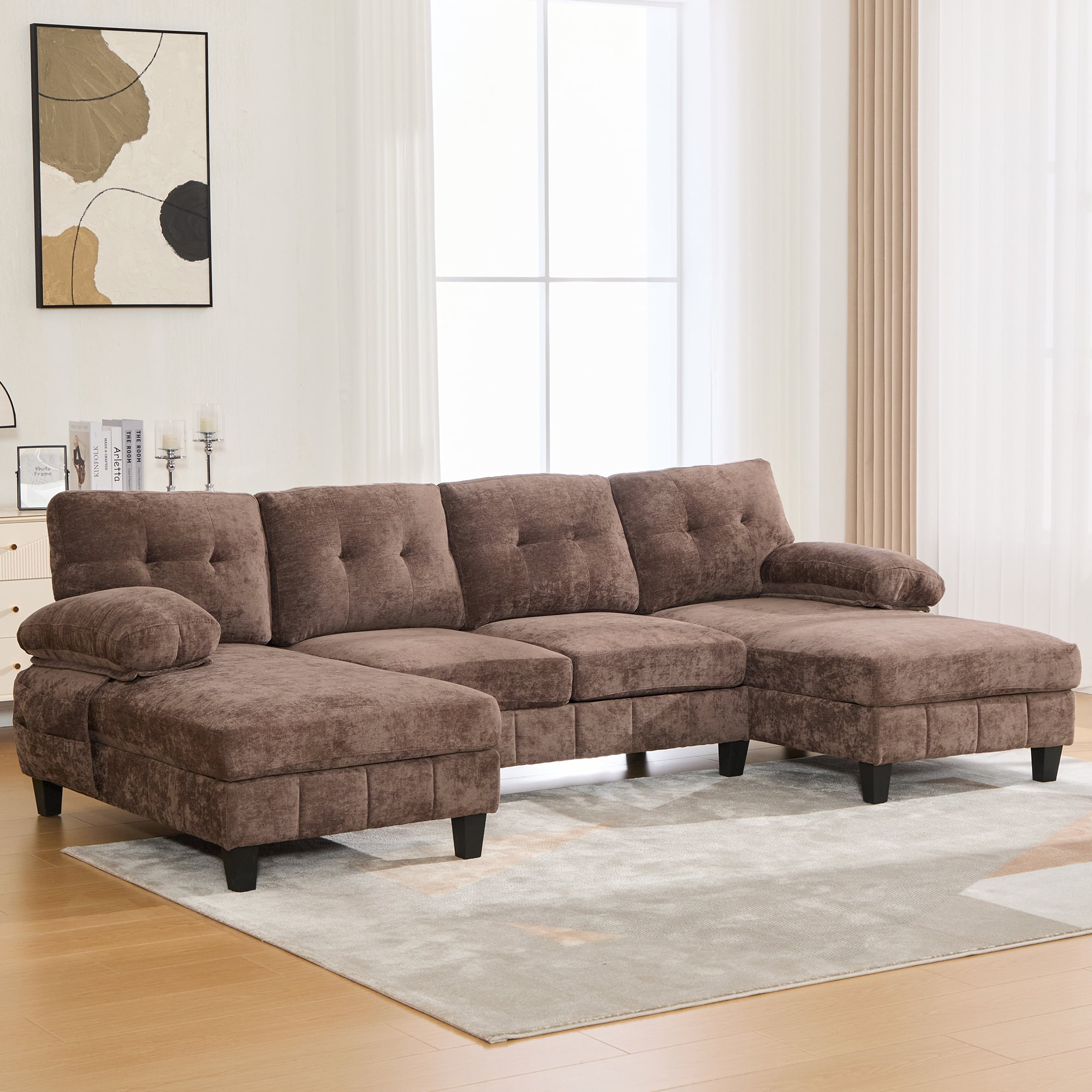 Euroco U-shaped Sectional Sofa 103.5" Chenille Fabric Couch with Dual Chaise Lounges, Storage Pockets and Armrest Pillows for Living Room, Brown