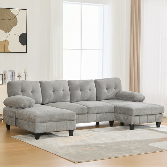 Euroco U-shaped Sectional Sofa 103.5" Chenille Fabric Couch with Dual Chaise Lounges, Storage Pockets and Armrest Pillows for Living Room, Grey