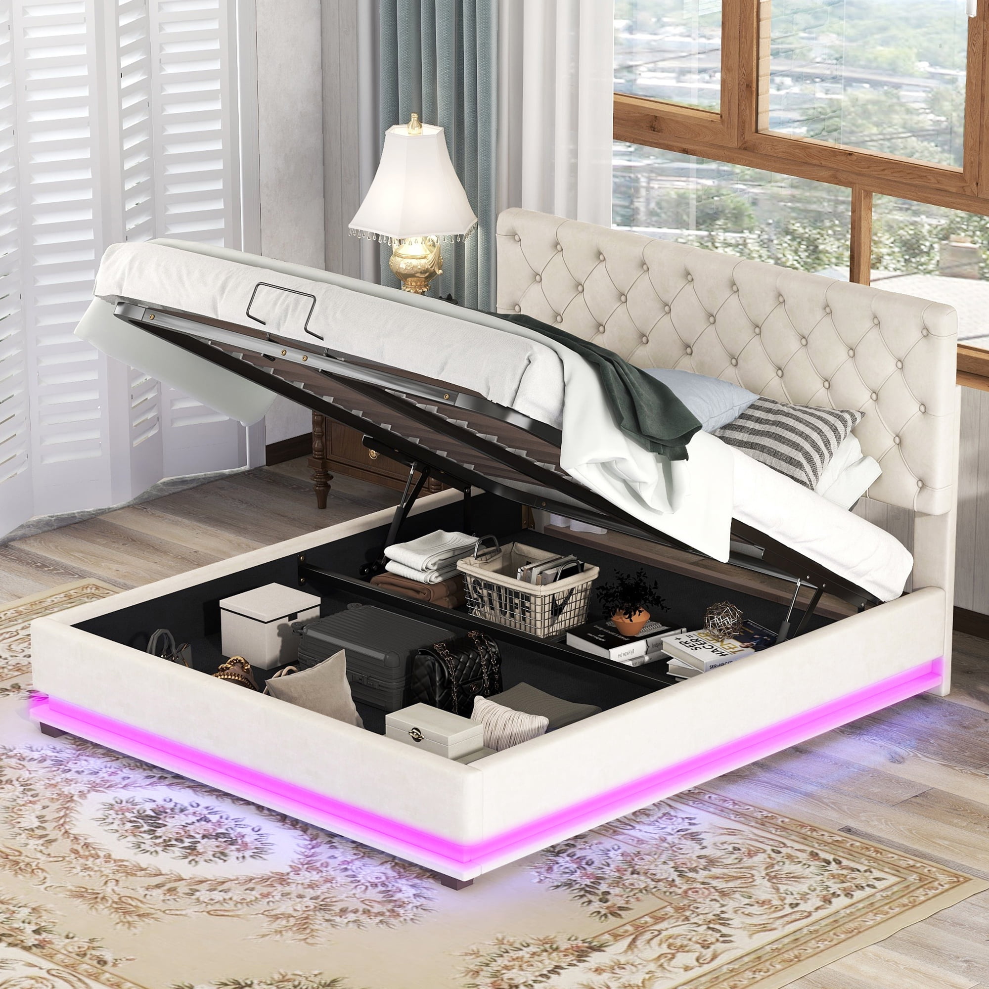Euroco Uhholstery Queen Size Platform Bed with Lift up Storage and LED Light for Living Room Beige