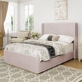 thumbnail image 1 of Euroco Upholastered Corduroy Queen Platform Bed with Stripe Wingback Headboard for Adults, Pink, 1 of 8
