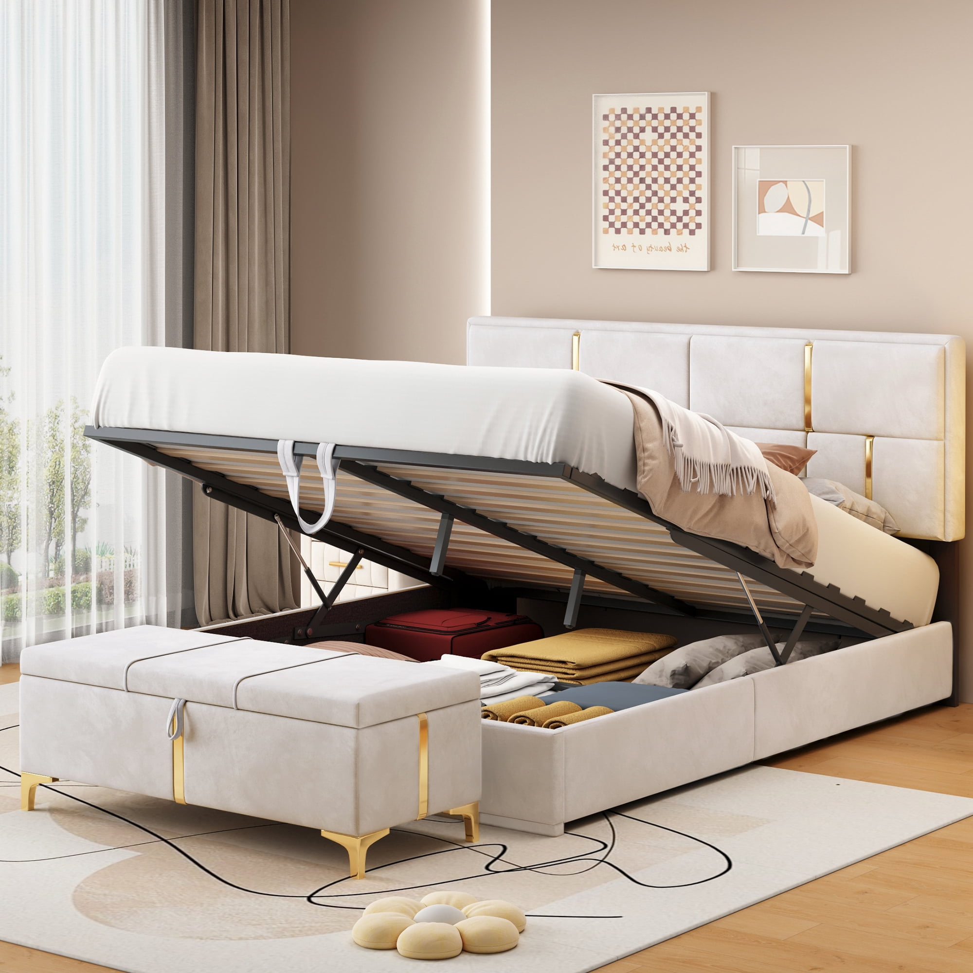Euroco Upholstered 2 Pieces Bedroom Furniture Set, Queen Size Platform Bed with Hydraulic Storage System and Storage Ottoman, Beige
