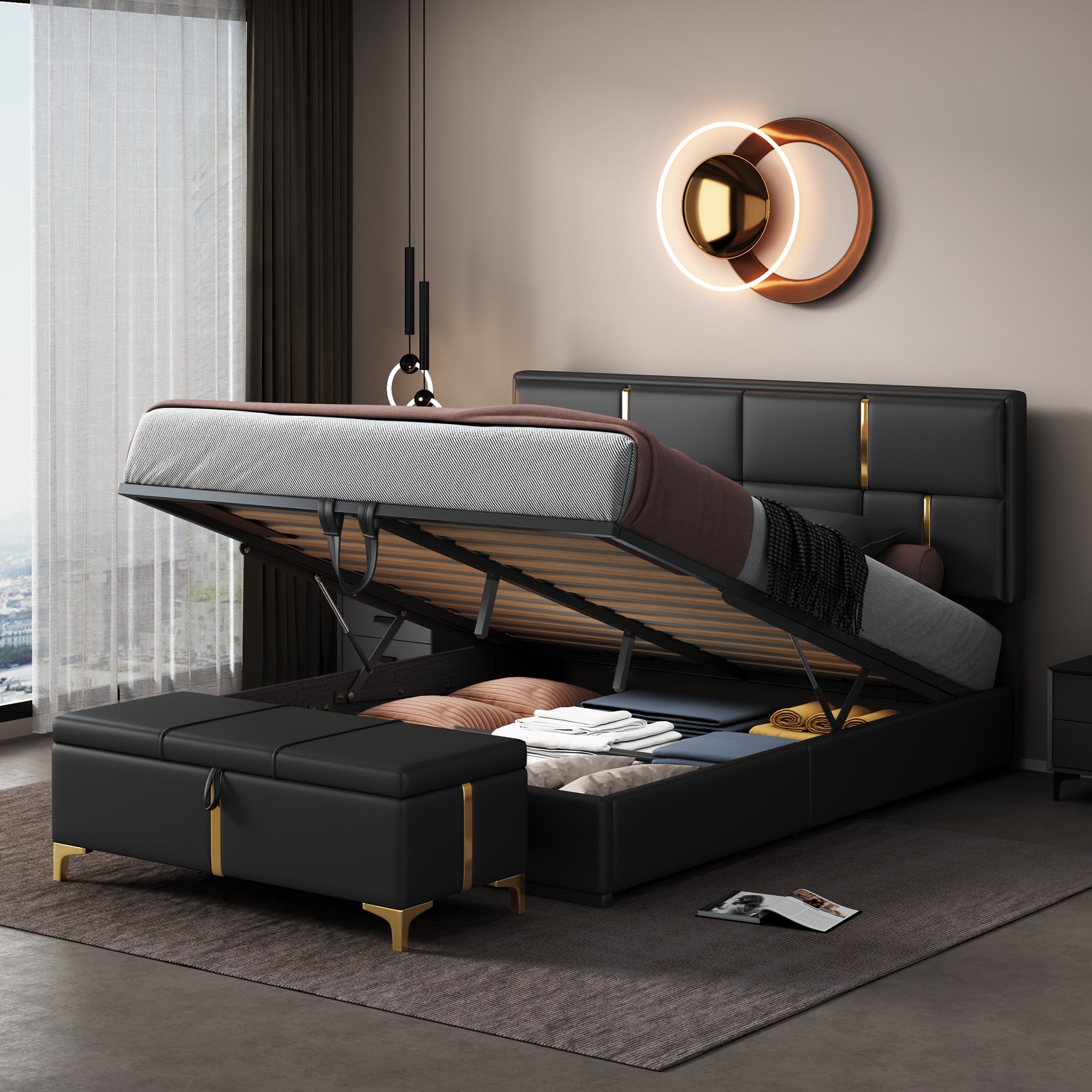 Euroco Upholstered 2 Pieces Bedroom Furniture Set, Queen Size Platform Bed with Hydraulic Storage System and Storage Ottoman, Black