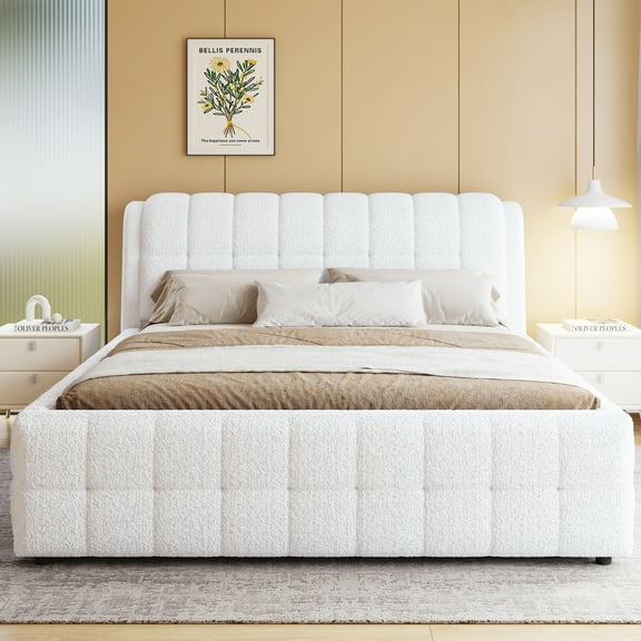Euroco Upholstered California King Size Platform Bed for Living Room Bedroom, White