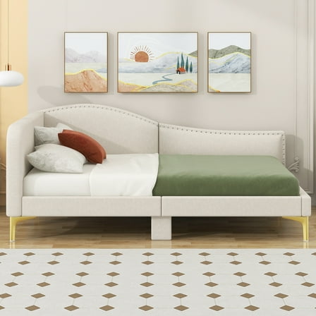Euroco Upholstered Daybed with Armrest and Rivet Design for Bedroom, Beige