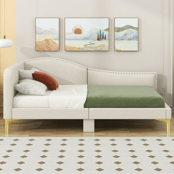 Euroco Upholstered Daybed with Armrest and Rivet Design for Bedroom, Beige
