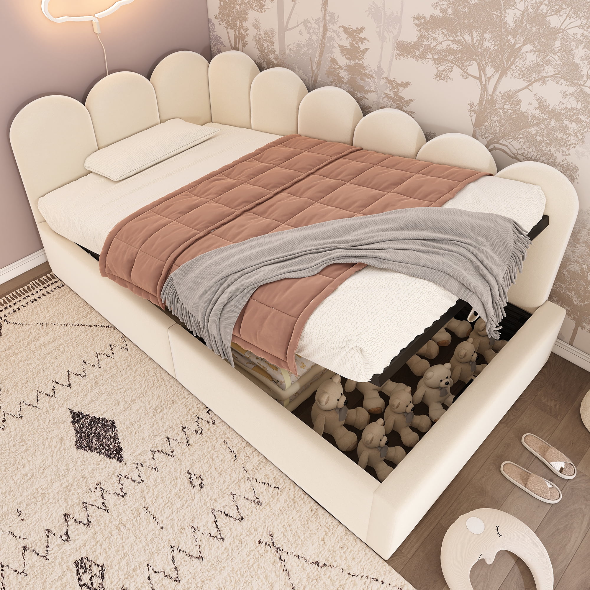 Euroco Upholstered Daybed with Hydraulic Storage, Twin Size Sofa Bed with Metal Slats, Beige