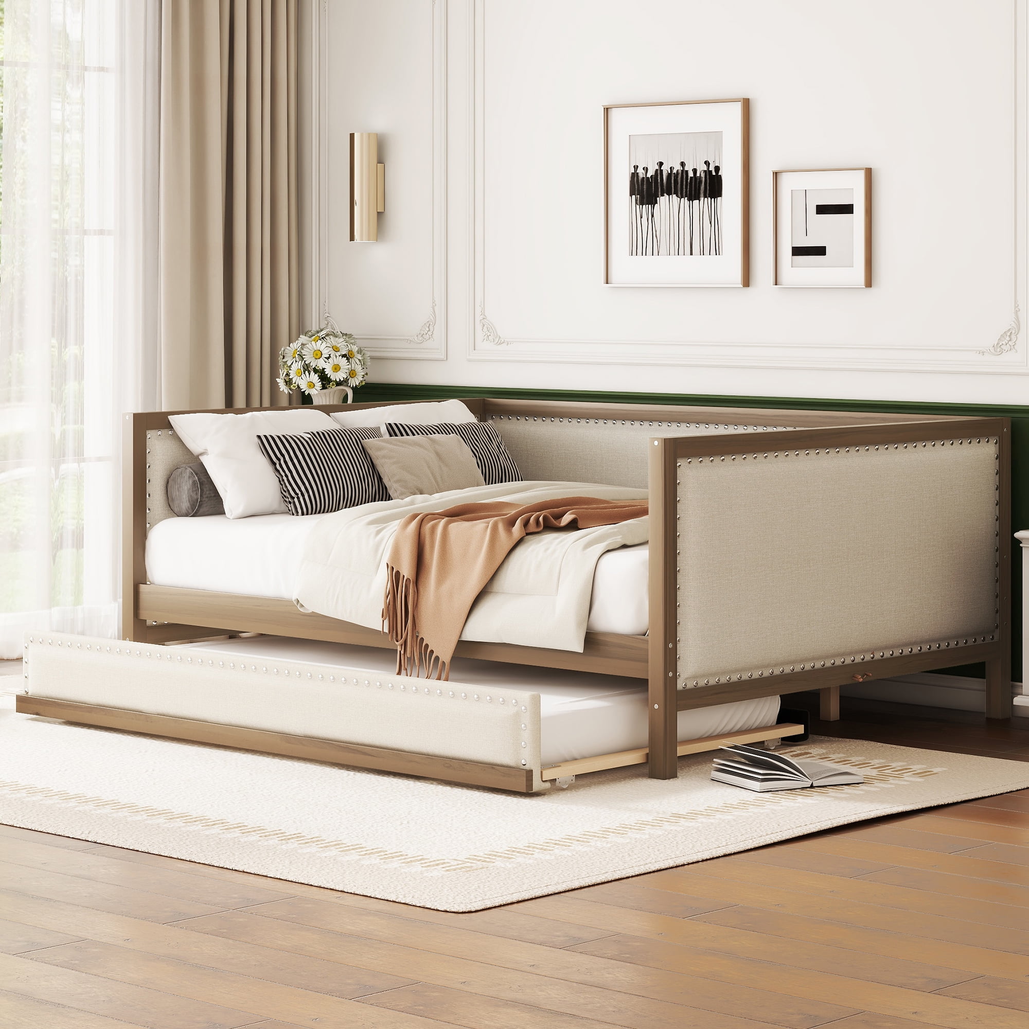 Euroco Upholstered Daybed with Trundle Bed, Full Size Nailhead Sofa Bed, Wood