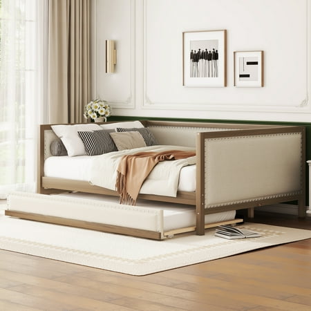 Euroco Upholstered Daybed with Trundle Bed, Full Size Nailhead Sofa Bed, Wood