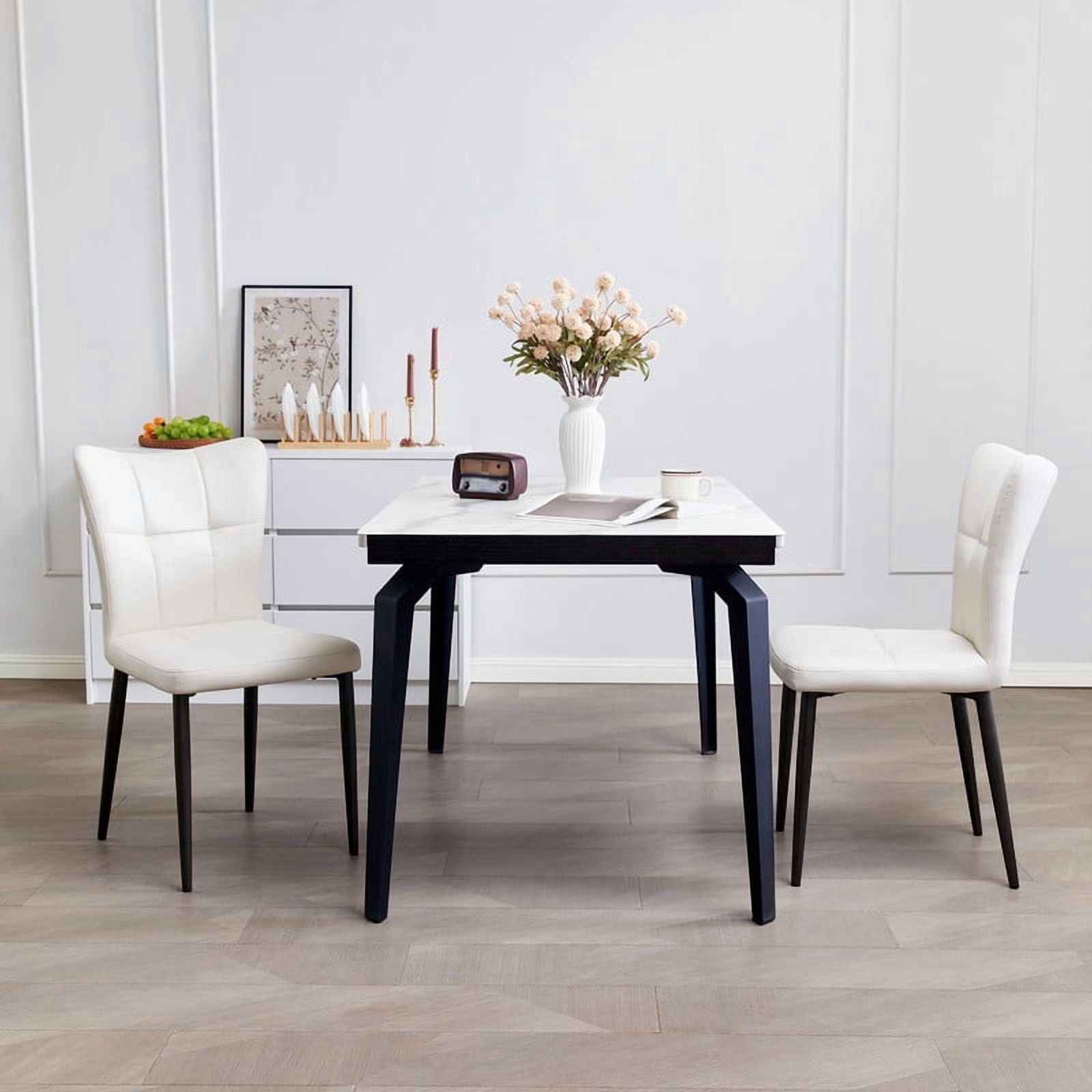Euroco Upholstered Dining Chairs Set of 2, Modern Kitchen Chairs with High Backrest & Metal Legs for Kitchen Dining Room,White