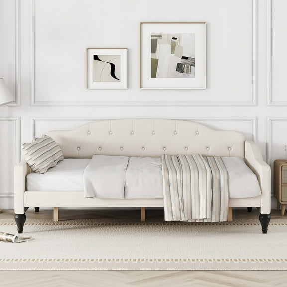 Euroco Upholstered Full Bed, Tufted Daybed, Beige