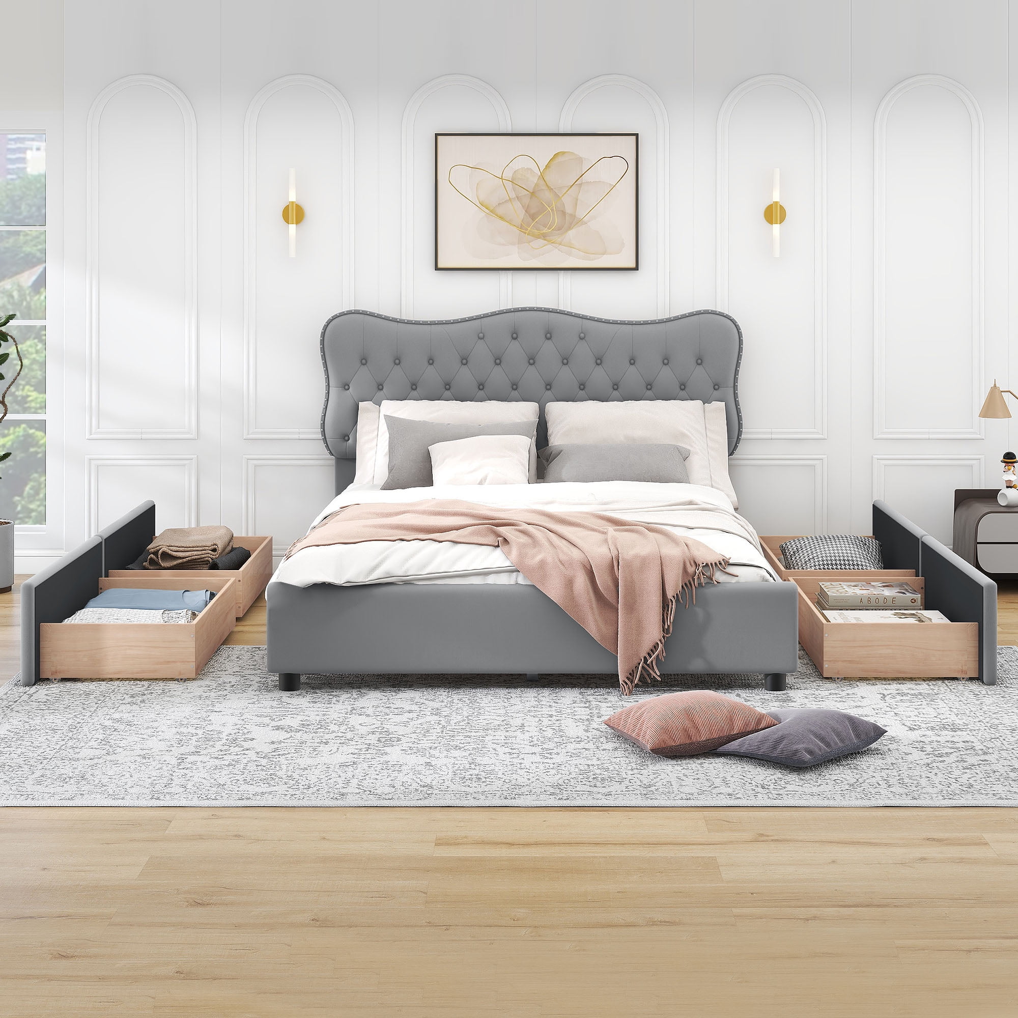 Lifestorey Larkin Mid-Century Modern Queen Platform Bed with Rounded  Headboard - Solid Walnut Wood Frame - Walmart.com