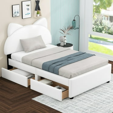 Euroco Upholstered Full Cartoon Bed with 2 Drawers Platform for Kids, White